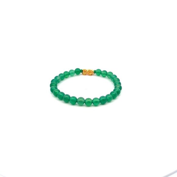 18K Gold Pixiu Piyao Lucky Charm Bracelet Natural Green Agate Gemstones 6mm - Picture 4 of 5